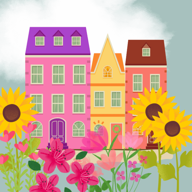 Houses in bloom 4x square gift tags 55mm x 55mm