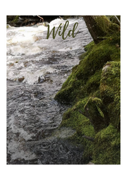 A giclée print of a flowing river with mossy banks, titled 'Wild'.