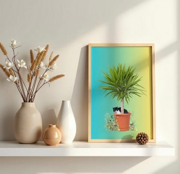 Black & white cat in a plant pot with green to blue gradient background wall decor