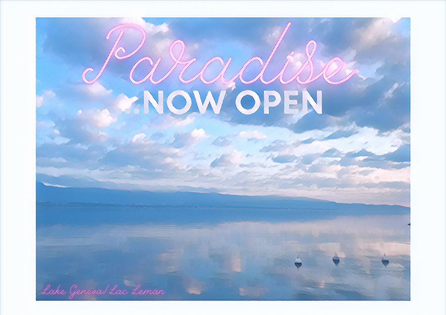 Cloudy Lake Geneva and mountains. Paradise now open...fine art giclée print
