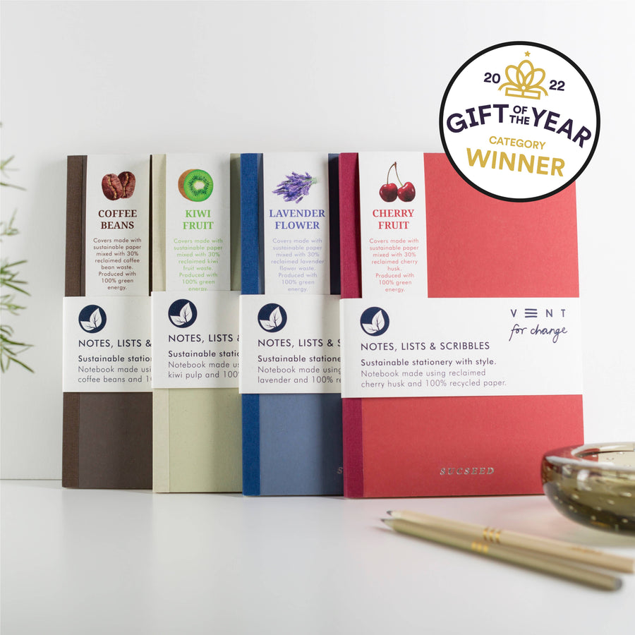 Reclaimed kiwi, coffee beans, cherry or lavender (15cm x 21cm) notebooks