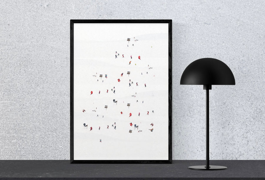 Skiers and snow covered mountains giclée wall decor. Multiple sizes available