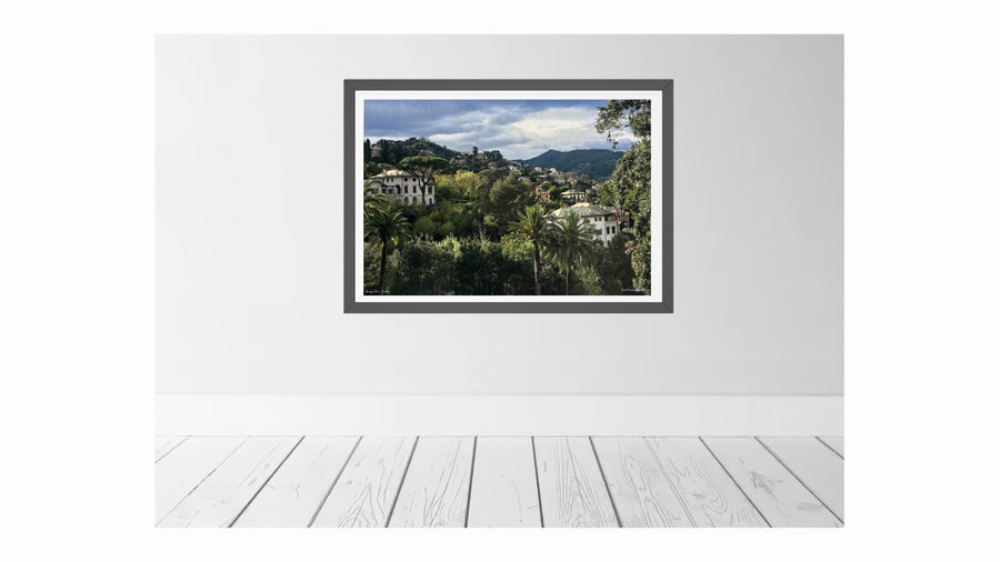 Rapallo, hillside villas and tropical palms in Italian Riviera. Fine art wall giclée print