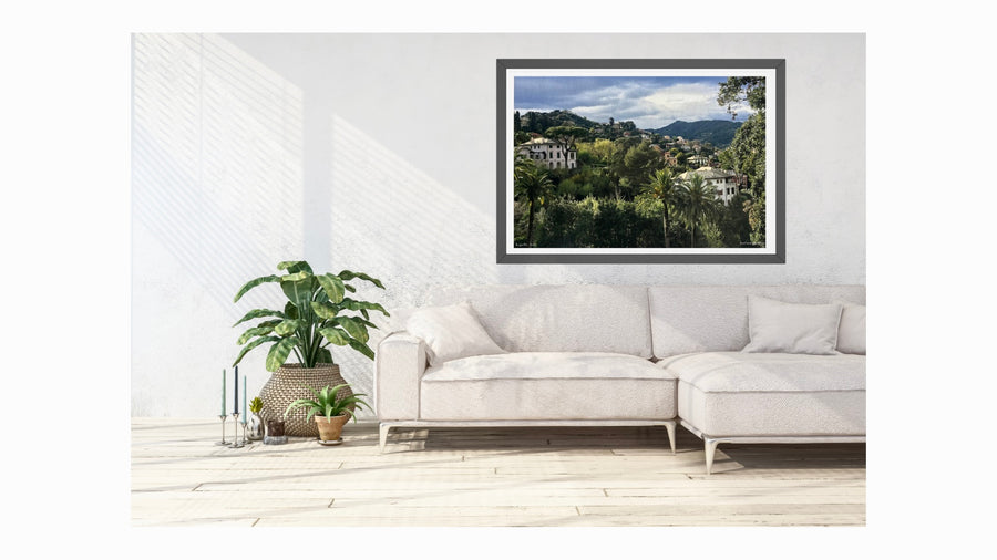 Rapallo, hillside villas and tropical palms in Italian Riviera. Fine art wall giclée print