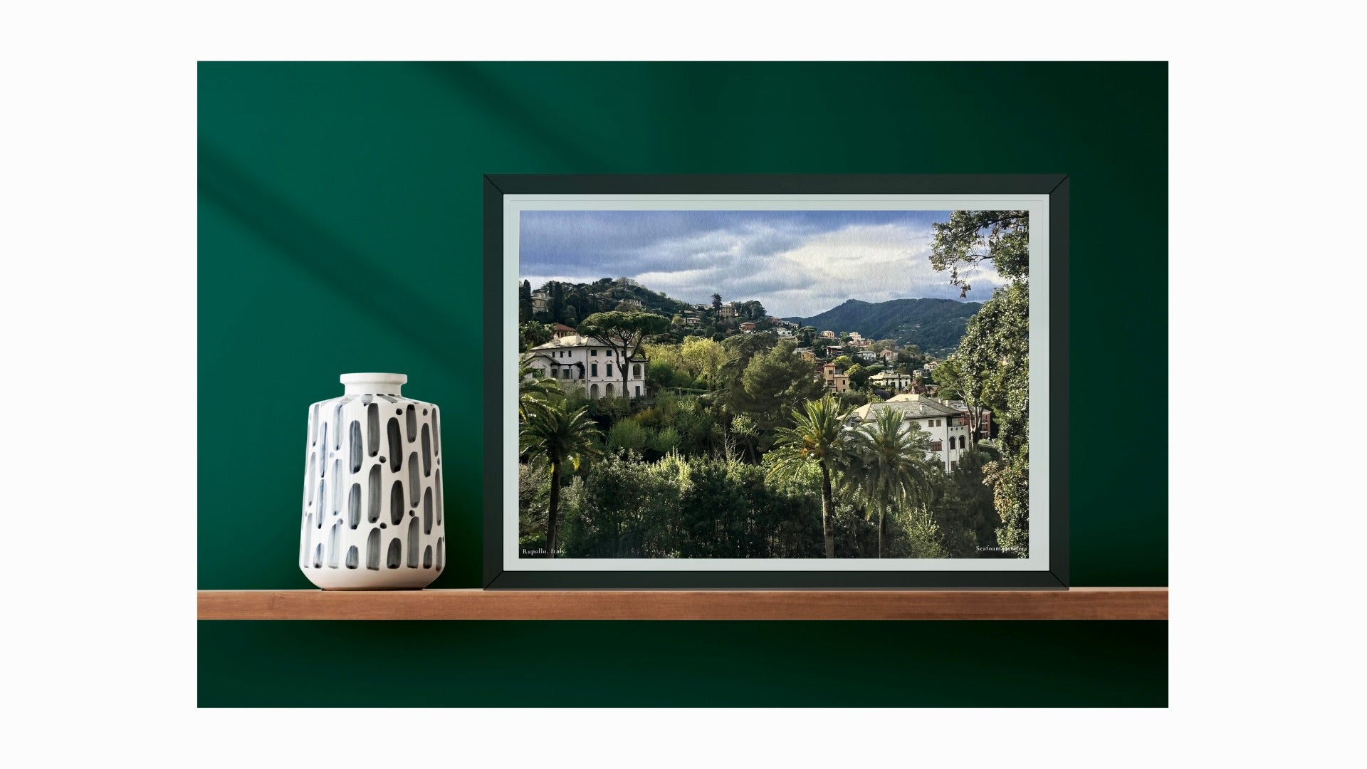 Rapallo, hillside villas and tropical palms in Italian Riviera. Fine art wall giclée print
