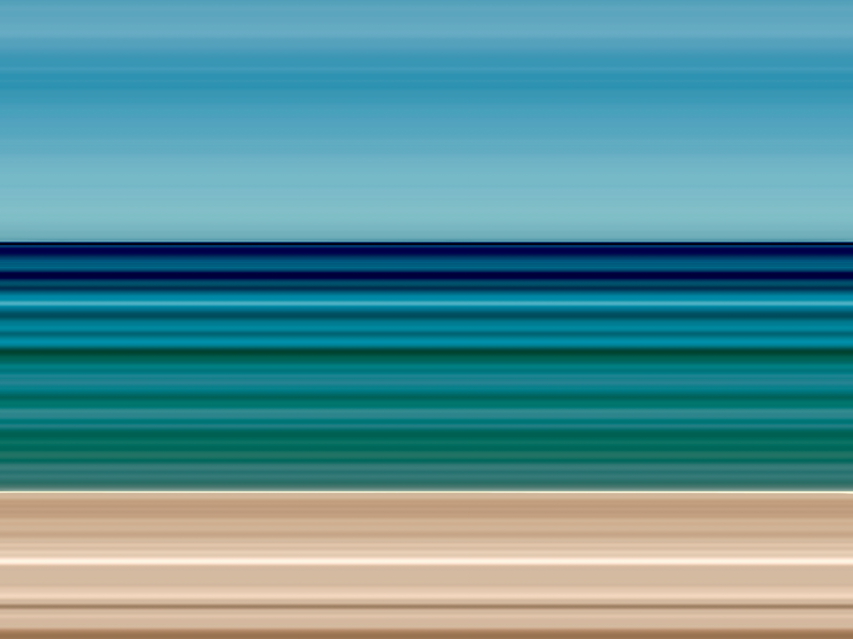 A flat, abstract horizontal color layout  of a beach in the South of France with a large blue upper area and multiple teal, green, and brown bands below.