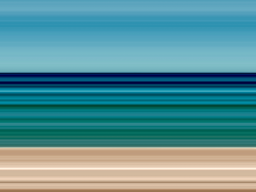 A flat, abstract horizontal color layout  of a beach in the South of France with a large blue upper area and multiple teal, green, and brown bands below.
