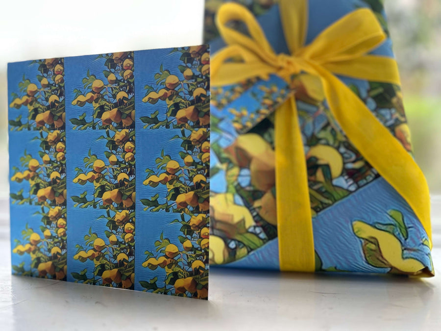 Amalfi lemons greeting card.  Italian mediterranean summer design with lemon print inside. Blank for your message