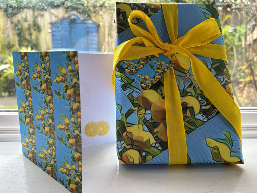 Amalfi lemons greeting card.  Italian mediterranean summer design with lemon print inside. Blank for your message
