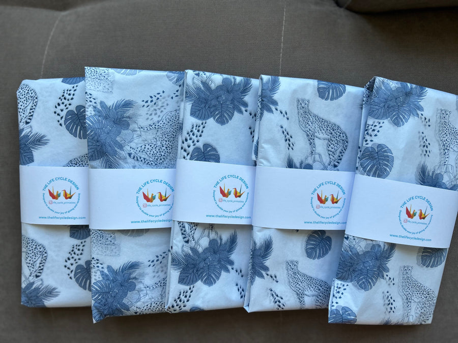 Cheetah and tropical leaf gift tissue paper I five sheets I 500mm x 750mm