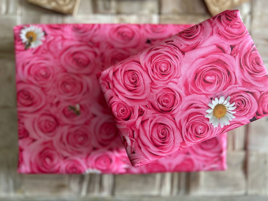 Pink roses, bees & daisies wrapping paper. FSC certified, uncoated, 120gsm, 500mm x 700mm