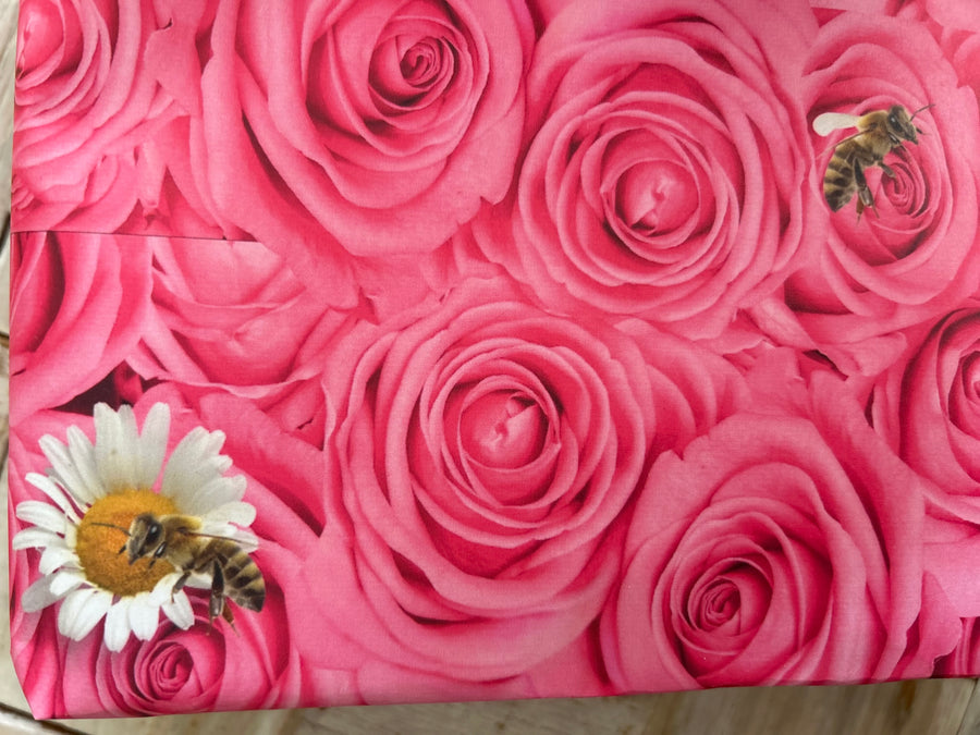 Pink roses, bees & daisies wrapping paper. FSC certified, uncoated, 120gsm, 500mm x 700mm