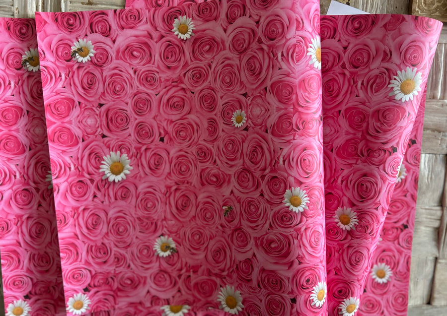 Pink roses, bees & daisies wrapping paper. FSC certified, uncoated, 120gsm, 500mm x 700mm