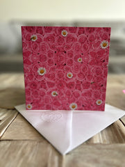 Pink rose, bees & daisies greeting card with hand embossed envelope. FSC certified with printed daisy inside. Blank inside for your own message
