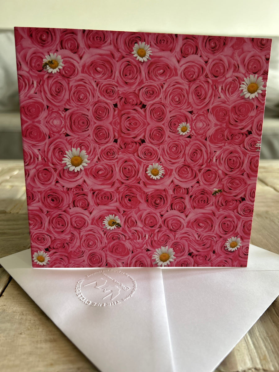 Pink rose, bees & daisies greeting card with hand embossed envelope. FSC certified with printed daisy inside. Blank inside for your own message