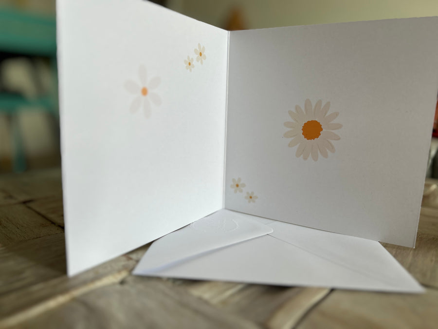 Pink rose, bees & daisies greeting card with hand embossed envelope. FSC certified with printed daisy inside. Blank inside for your own message