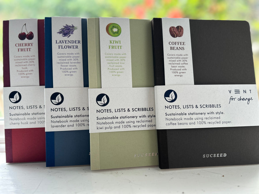 Reclaimed kiwi, coffee beans, cherry or lavender (15cm x 21cm) notebooks