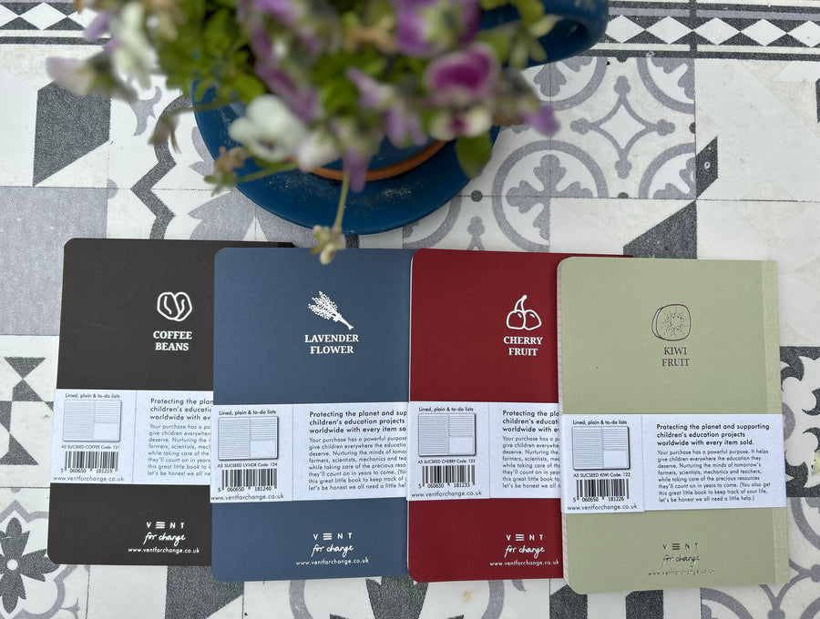Reclaimed kiwi, coffee beans, cherry or lavender (15cm x 21cm) notebooks