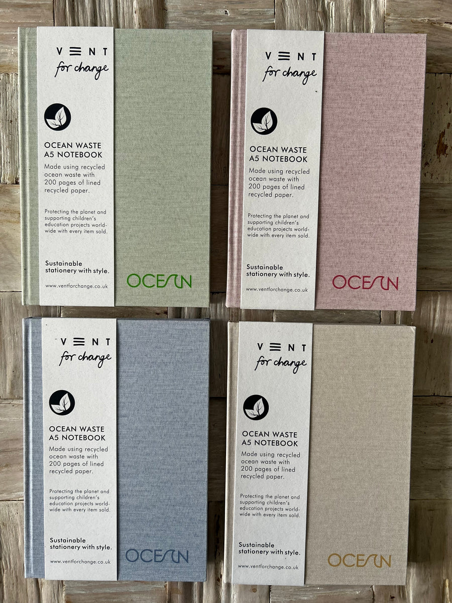 Recycled ocean plastic notebooks 15cm x 21 cm – sustainable hardback journal