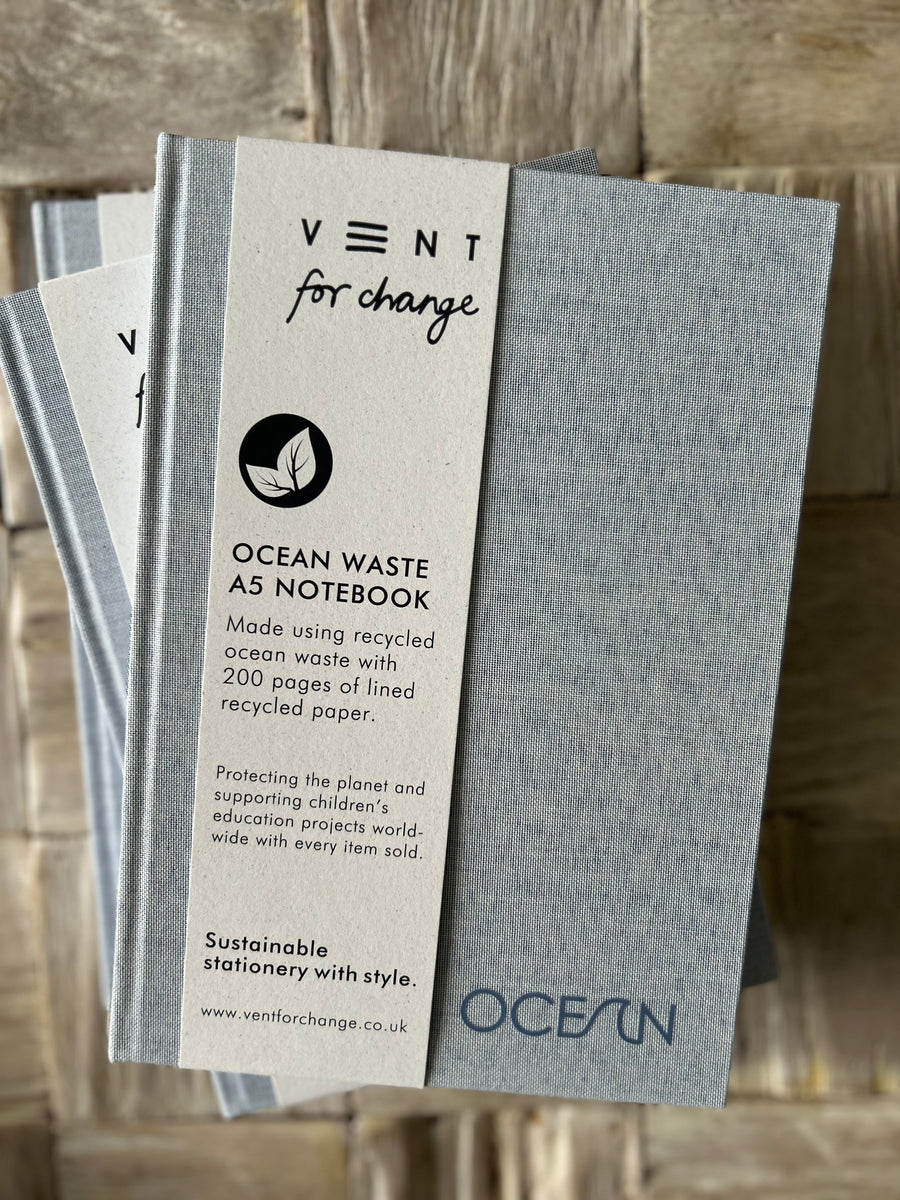 Recycled ocean plastic notebooks 15cm x 21 cm – sustainable hardback journal