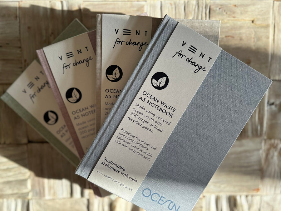 Recycled ocean plastic notebooks 15cm x 21 cm – sustainable hardback journal
