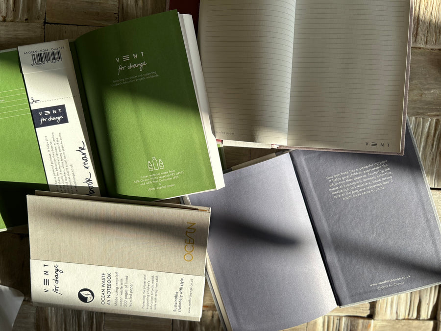 Recycled ocean plastic notebooks 15cm x 21 cm – sustainable hardback journal