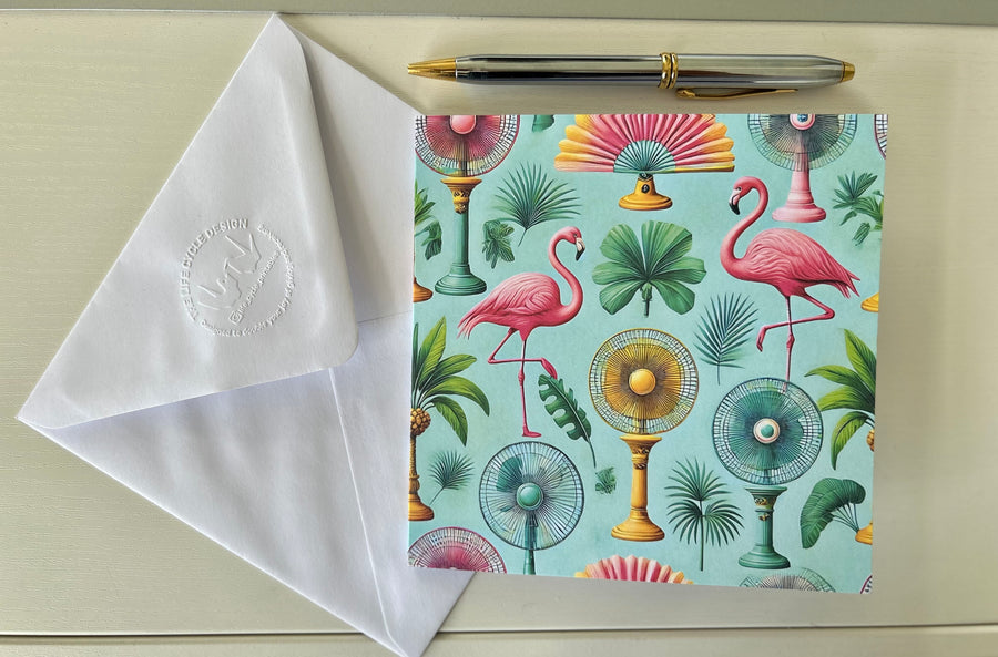 Tropical Fans & Flamingos greeting card. One card, blank inside