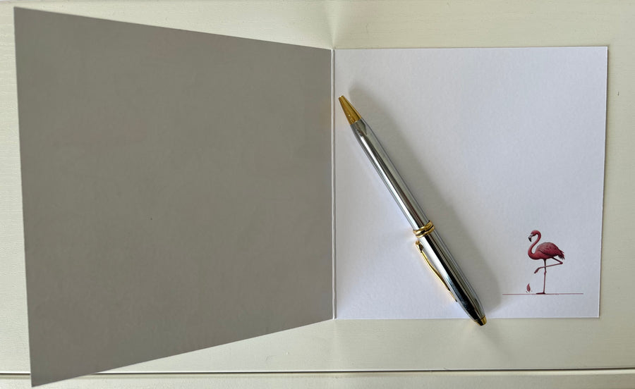 Tropical Fans & Flamingos greeting card. One card, blank inside