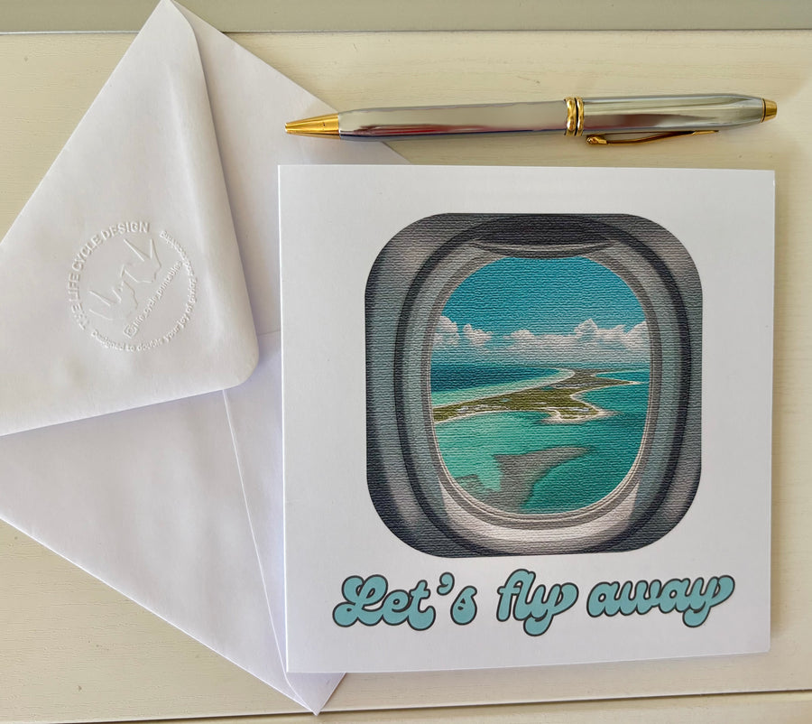 Lets fly away greeting card with hand embossed envelope. FSC certified with paper plane printed inside. Blank for your own message