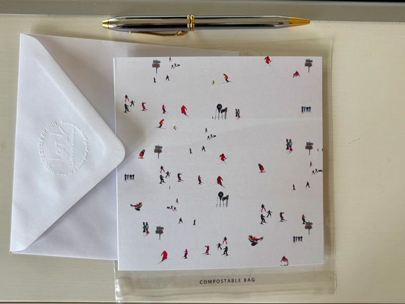 Alpine ski scene greeting card. Uncoated,  FSC certified, blank card with hand embossed envelope