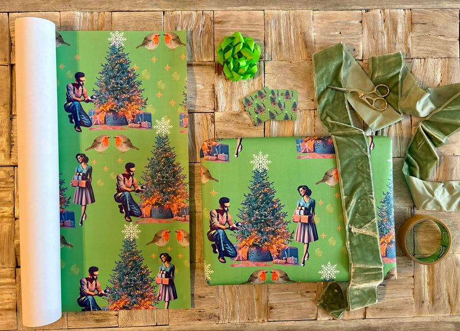 Retro Christmas luxe wrapping paper & gift tag set