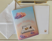 Breakfast in bed & chilling out greeting card with hand embossed envelope. FSC certified with small cup of coffee printed inside. Blank for your own message