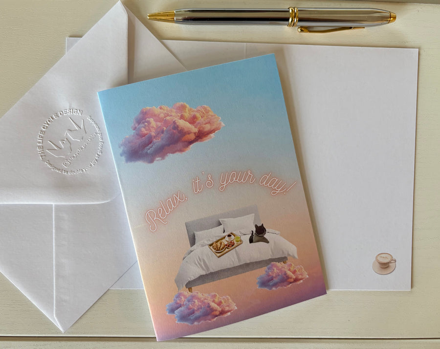 Breakfast in bed & chilling out greeting card with hand embossed envelope. FSC certified with small cup of coffee printed inside. Blank for your own message