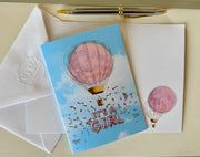 Baby girl full moon hot air balloon greeting card with hand embossed envelope. FSC certified, blank inside for your message