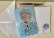 Baby boy full moon hot air balloon greeting card with hand embossed envelope, FSC certified, blank for your message