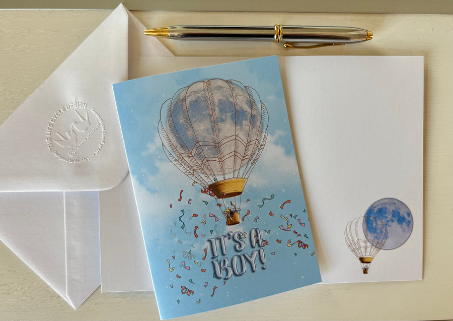 Baby boy full moon hot air balloon greeting card with hand embossed envelope, FSC certified, blank for your message
