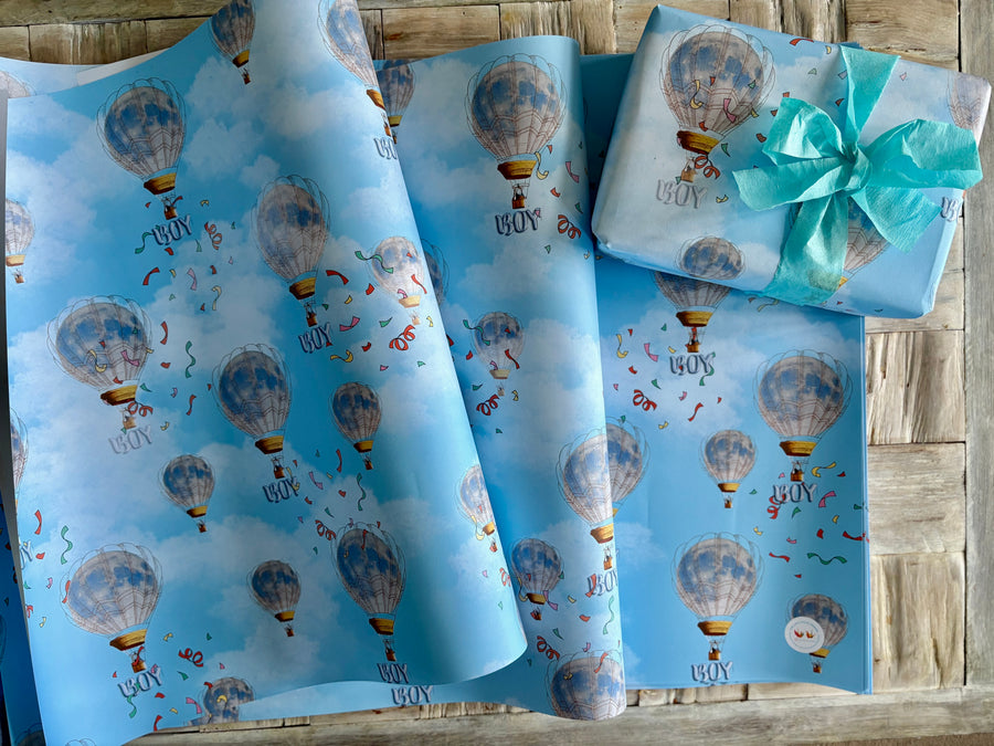 Baby boy full moon hot air balloon wrapping paper. FSC certified, uncoated, 120gsm, 500mm x 700mm