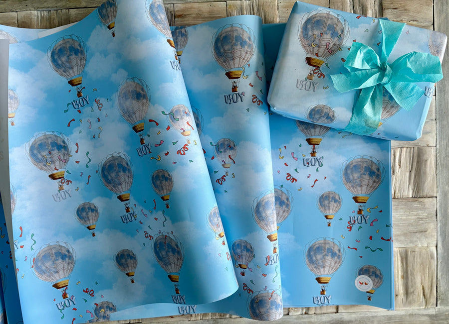 Baby boy full moon hot air balloon wrapping paper. FSC certified, uncoated, 120gsm, 500mm x 700mm