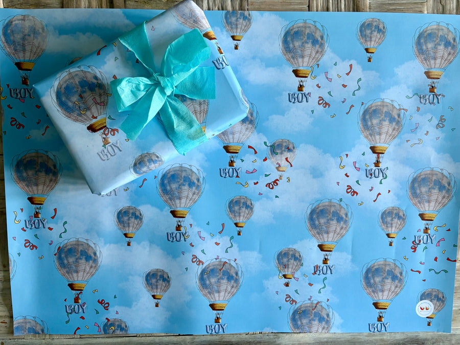 Baby boy full moon hot air balloon wrapping paper. FSC certified, uncoated, 120gsm, 500mm x 700mm