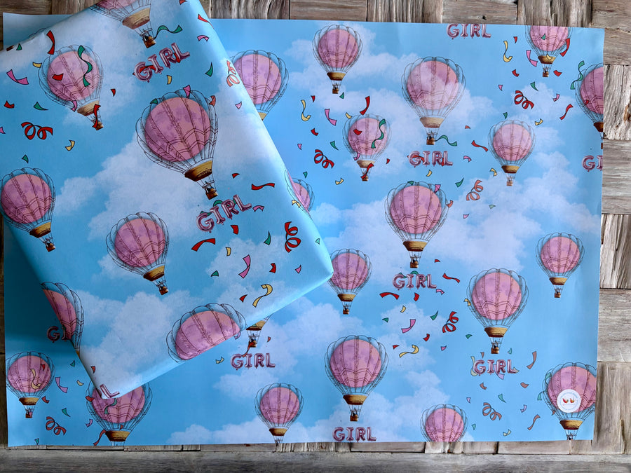 Baby girl full moon hot air balloon wrapping paper. FSC certified, uncoated, 120gsm, 500mm x 700mm