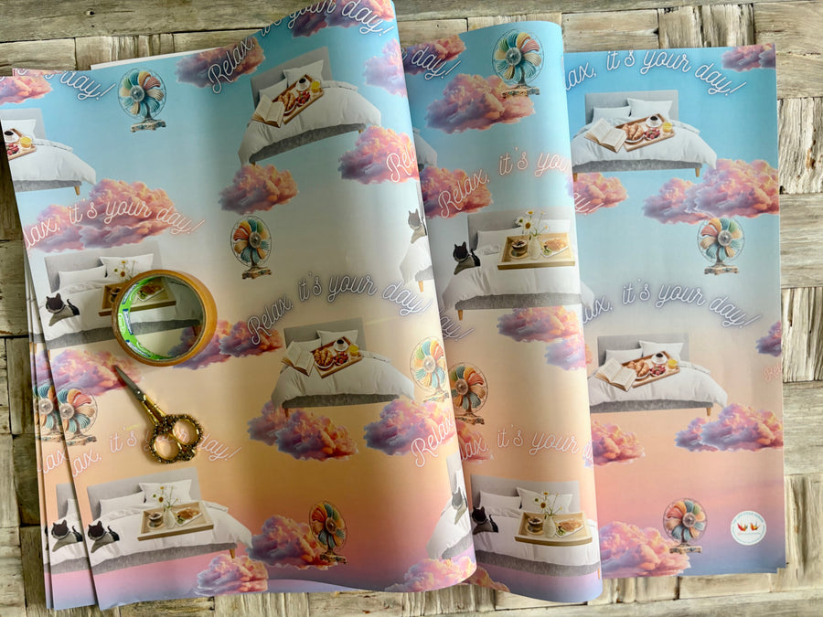 Breakfast in bed & chilling out wrapping paper. FSC certified, uncoated, 120gsm, 500mm x 700mm