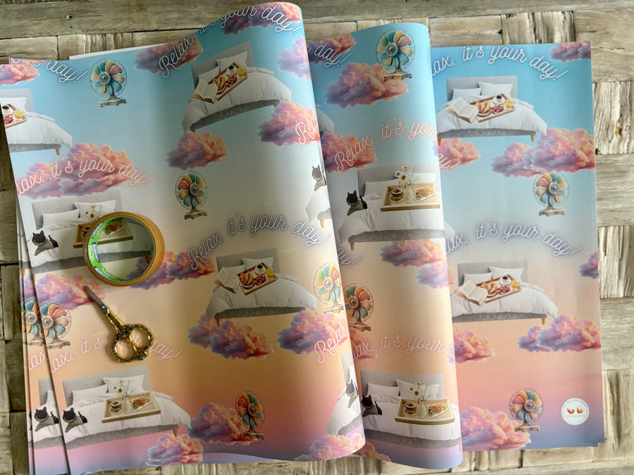 Breakfast in bed & chilling out wrapping paper. FSC certified, uncoated, 120gsm, 500mm x 700mm