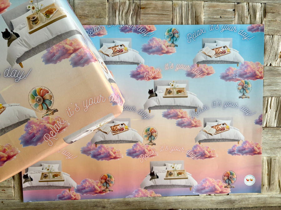 Breakfast in bed & chilling out wrapping paper. FSC certified, uncoated, 120gsm, 500mm x 700mm