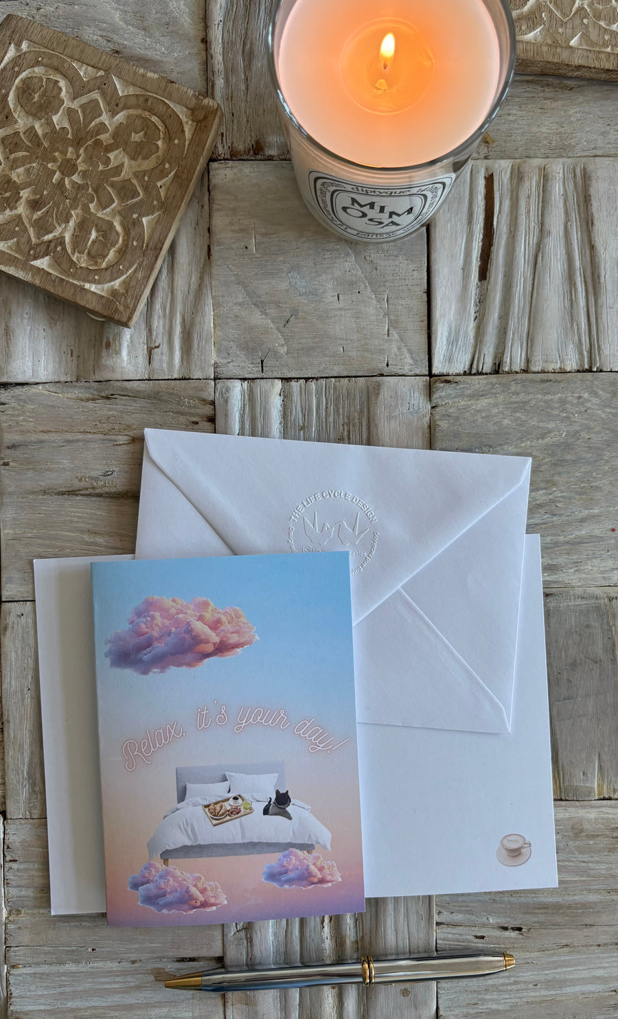Breakfast in bed & chilling out greeting card with hand embossed envelope. FSC certified with small cup of coffee printed inside. Blank for your own message