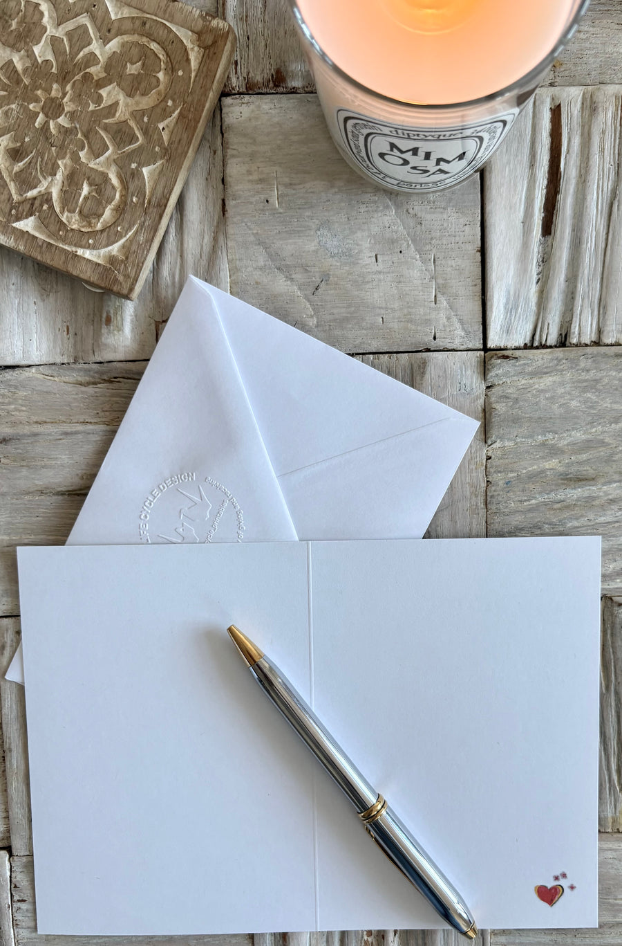 Painted hearts on leaves & flowers greeting card with hand embossed envelope. Small printed hearts inside. Blank for your message