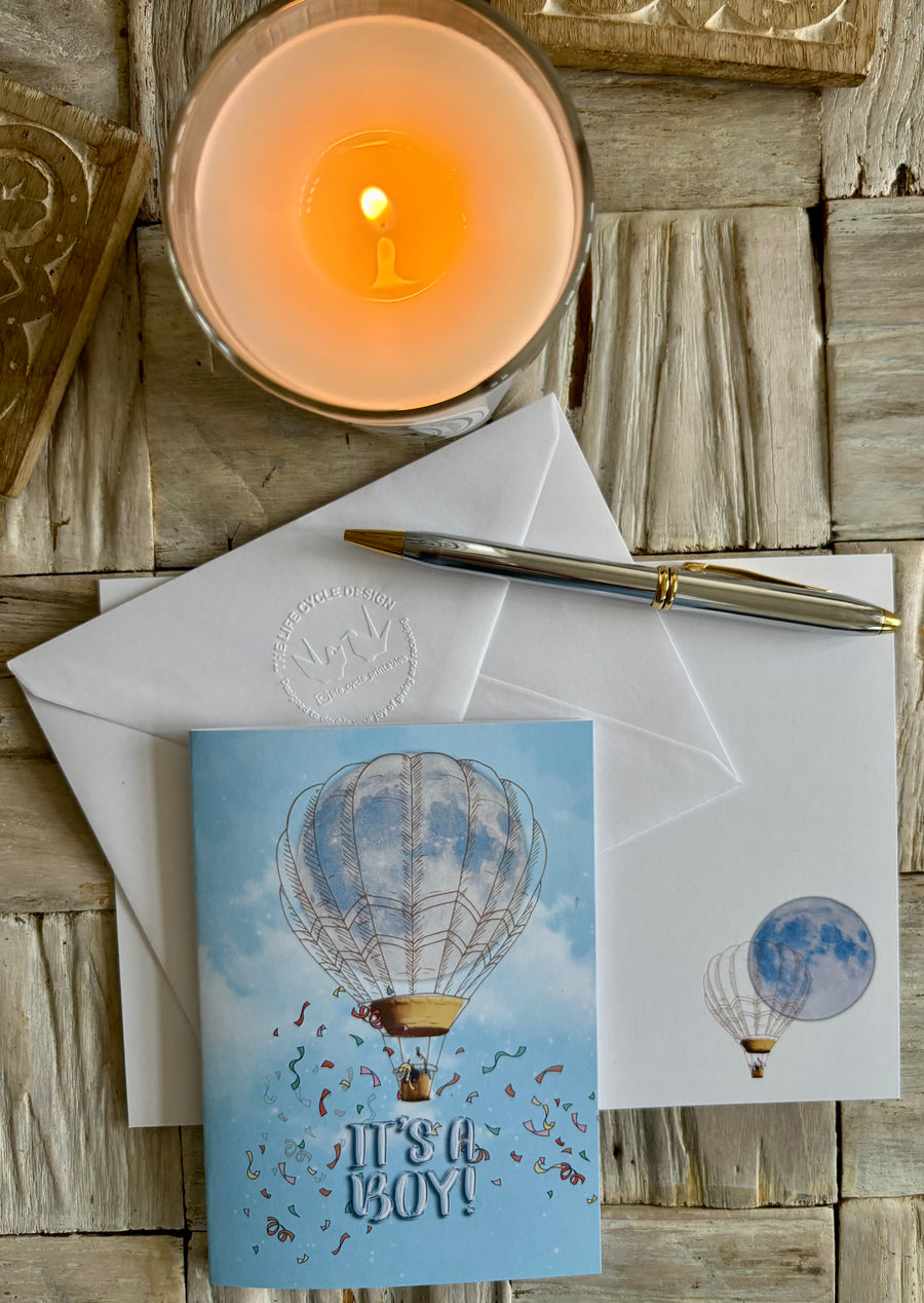 Baby boy full moon hot air balloon greeting card with hand embossed envelope, FSC certified, blank for your message