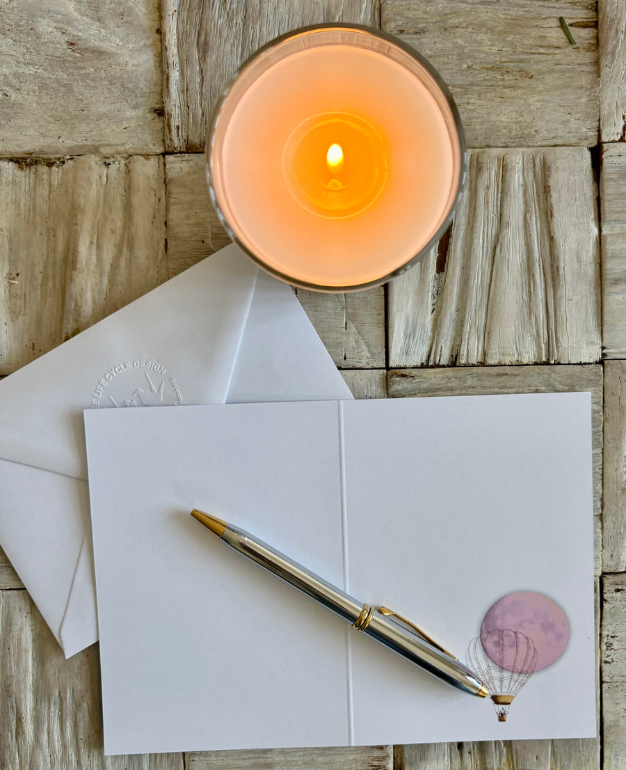 Baby girl full moon hot air balloon greeting card with hand embossed envelope. FSC certified, blank inside for your message