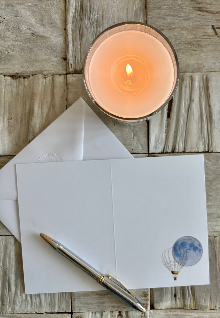 Baby boy full moon hot air balloon greeting card with hand embossed envelope, FSC certified, blank for your message