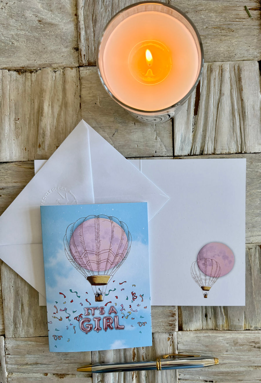 Baby girl full moon hot air balloon greeting card with hand embossed envelope. FSC certified, blank inside for your message