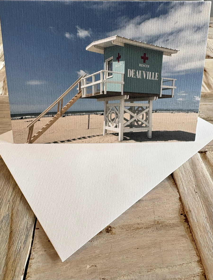 Deauville, France beach lifeguard tower greeting card